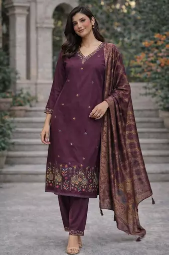 Women's purple cotton silk ethnic motif embroidered straight kurta and pant set with dupatta