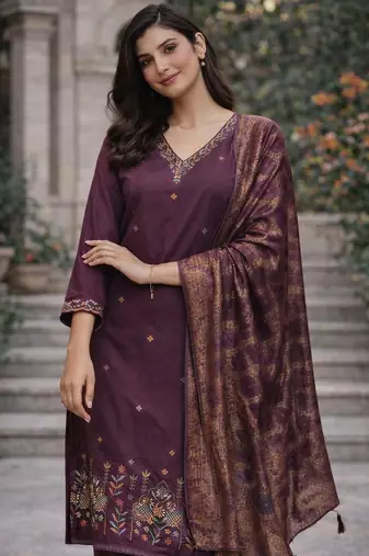 Women's purple cotton silk ethnic motif embroidered straight kurta and pant set with dupatta