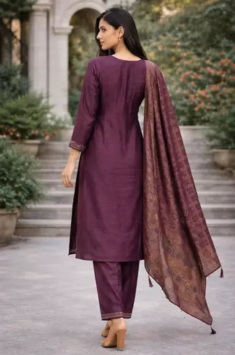 Women's purple cotton silk ethnic motif embroidered straight kurta and pant set with dupatta