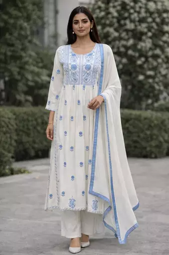 Women's white rayon floral embroidered anarkali kurta and pant set with dupatta