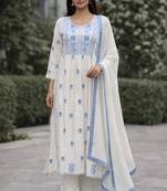 Women's white rayon floral embroidered anarkali kurta and pant set with dupatta