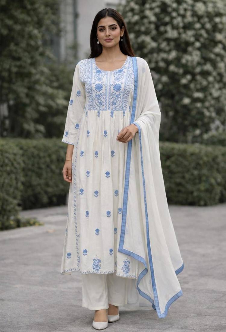 Women's white rayon floral embroidered anarkali kurta and pant set with dupatta