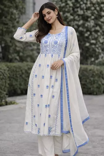 Women's white rayon floral embroidered anarkali kurta and pant set with dupatta
