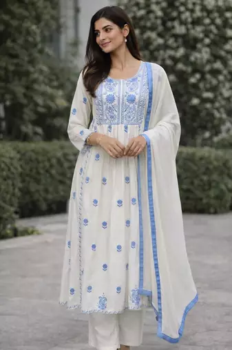 Women's white rayon floral embroidered anarkali kurta and pant set with dupatta