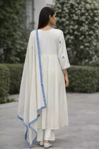 Women's white rayon floral embroidered anarkali kurta and pant set with dupatta