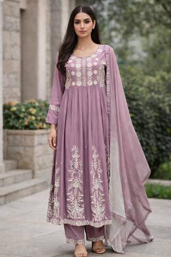 Women's lavendar rayon floral embroidered anarkali kurta and pant set with dupatta