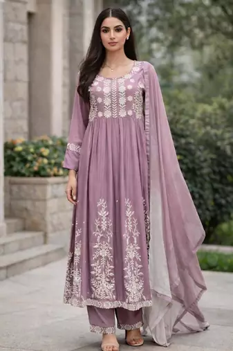 Women's lavendar rayon floral embroidered anarkali kurta and pant set with dupatta