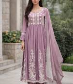 Women's lavendar rayon floral embroidered anarkali kurta and pant set with dupatta
