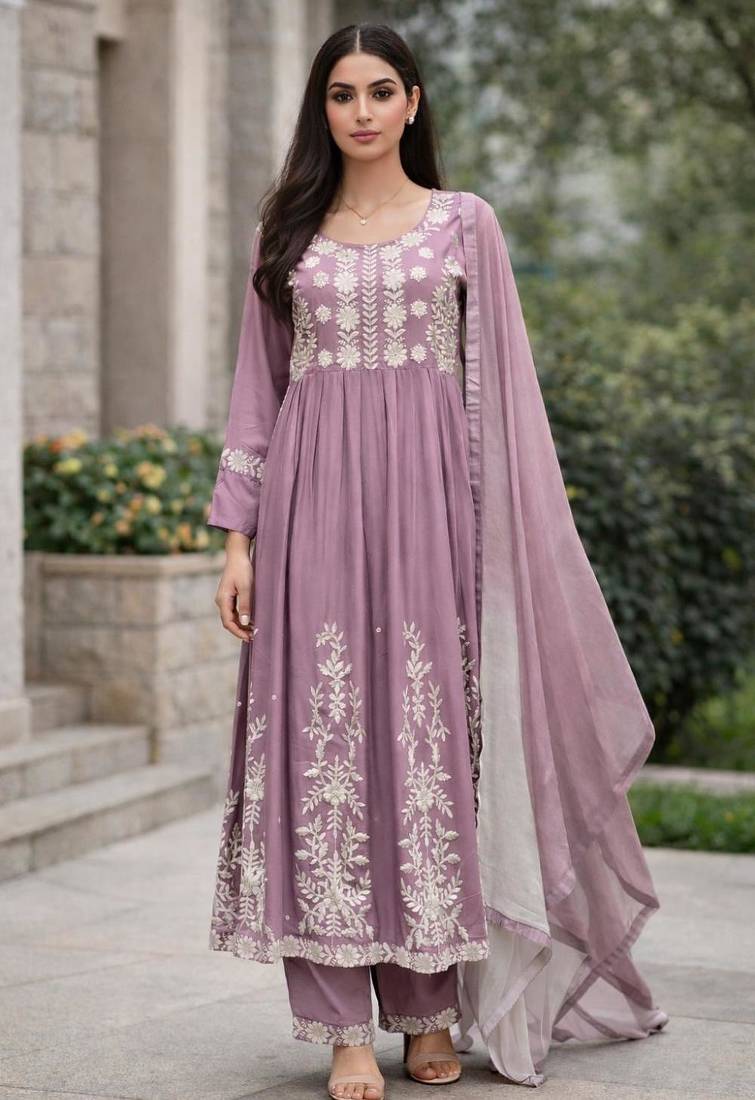 Women's lavendar rayon floral embroidered anarkali kurta and pant set with dupatta