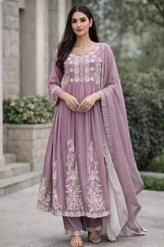 Women's lavendar rayon floral embroidered anarkali kurta and pant set with dupatta