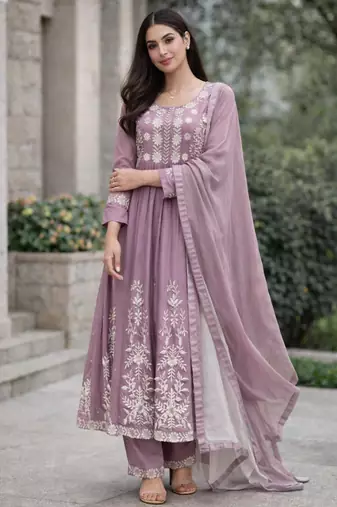 Women's lavendar rayon floral embroidered anarkali kurta and pant set with dupatta