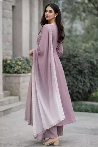 Women's lavendar rayon floral embroidered anarkali kurta and pant set with dupatta