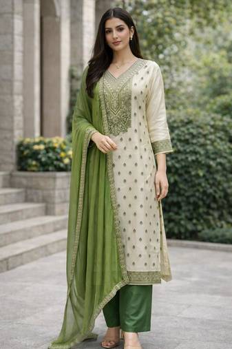Women's green & beige silk ethnic motif woven straight kurta and pant set with dupatta