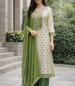 Women's green & beige silk ethnic motif woven straight kurta and pant set with dupatta