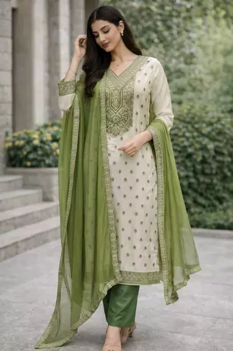 Women's green & beige silk ethnic motif woven straight kurta and pant set with dupatta