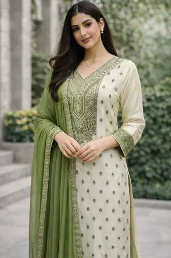 Women's green & beige silk ethnic motif woven straight kurta and pant set with dupatta