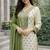 Women's green & beige silk ethnic motif woven straight kurta and pant set with dupatta