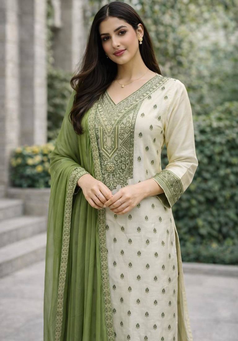 Women's green & beige silk ethnic motif woven straight kurta and pant set with dupatta