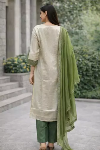 Women's green & beige silk ethnic motif woven straight kurta and pant set with dupatta