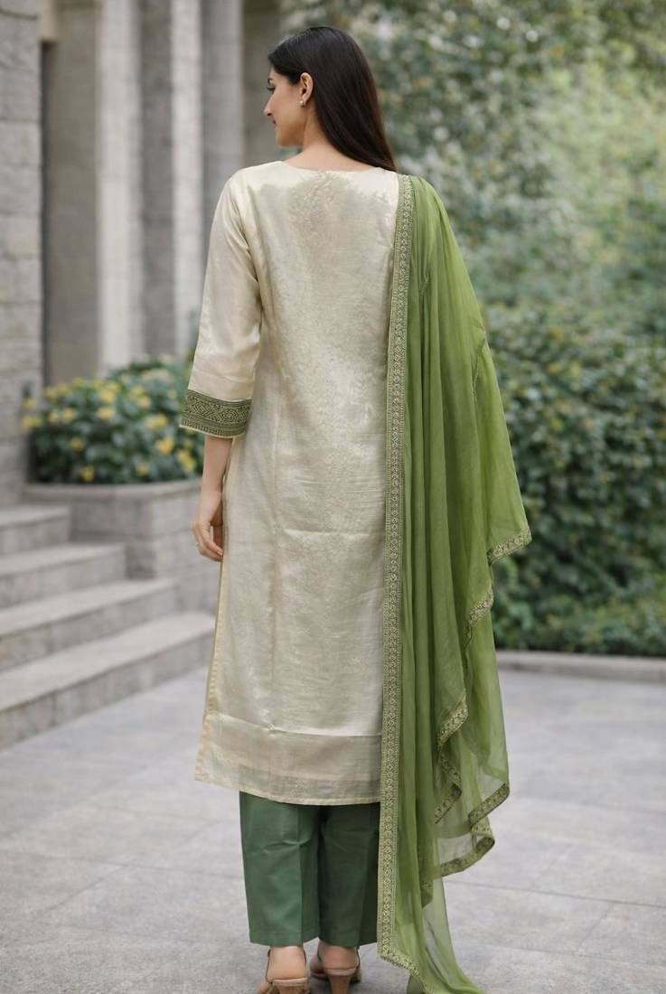 Women's green & beige silk ethnic motif woven straight kurta and pant set with dupatta