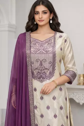 Women's purple & beige silk ethnic motif woven straight kurta and pant set with dupatta