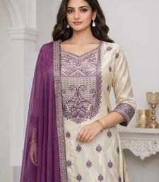 Women's purple & beige silk ethnic motif woven straight kurta and pant set with dupatta