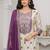 Women's purple & beige silk ethnic motif woven straight kurta and pant set with dupatta