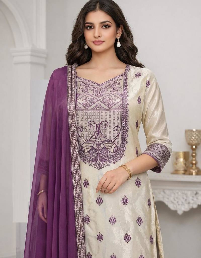Women's purple & beige silk ethnic motif woven straight kurta and pant set with dupatta