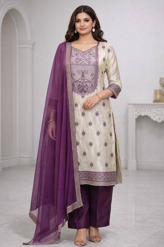 Women's purple & beige silk ethnic motif woven straight kurta and pant set with dupatta