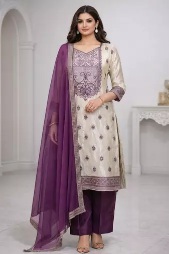 Women's purple & beige silk ethnic motif woven straight kurta and pant set with dupatta