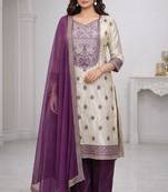 Women's purple & beige silk ethnic motif woven straight kurta and pant set with dupatta