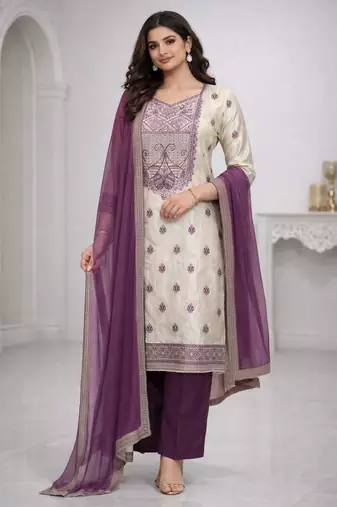 Women's purple & beige silk ethnic motif woven straight kurta and pant set with dupatta
