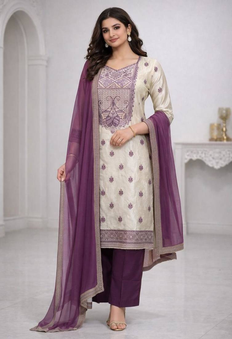 Women's purple & beige silk ethnic motif woven straight kurta and pant set with dupatta