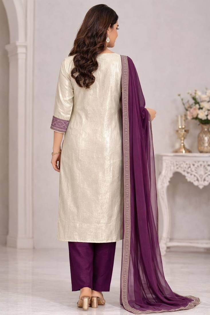 Women's purple & beige silk ethnic motif woven straight kurta and pant set with dupatta