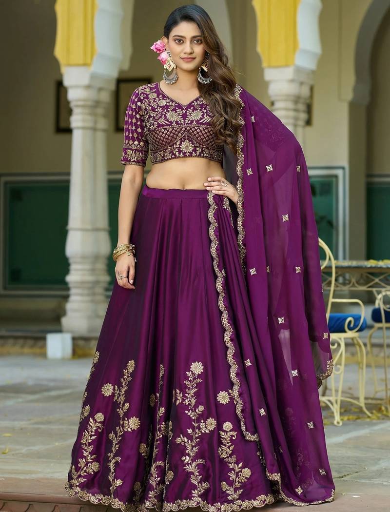 Wine Embroidered Designer Lehenga Choli with Dupatta