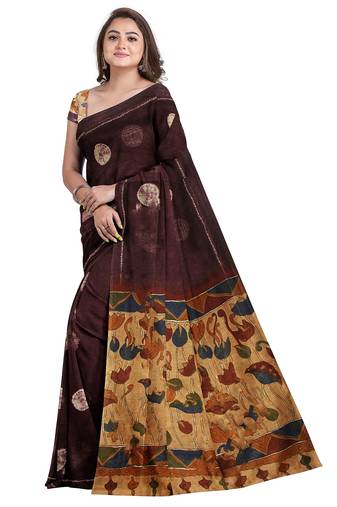 Brown floral border printed saree