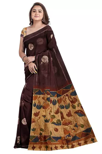 Brown floral border printed saree