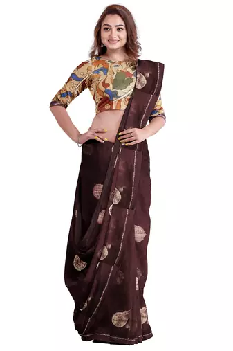 Brown floral border printed saree