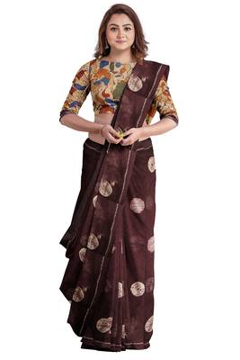 Brown floral border printed saree 4