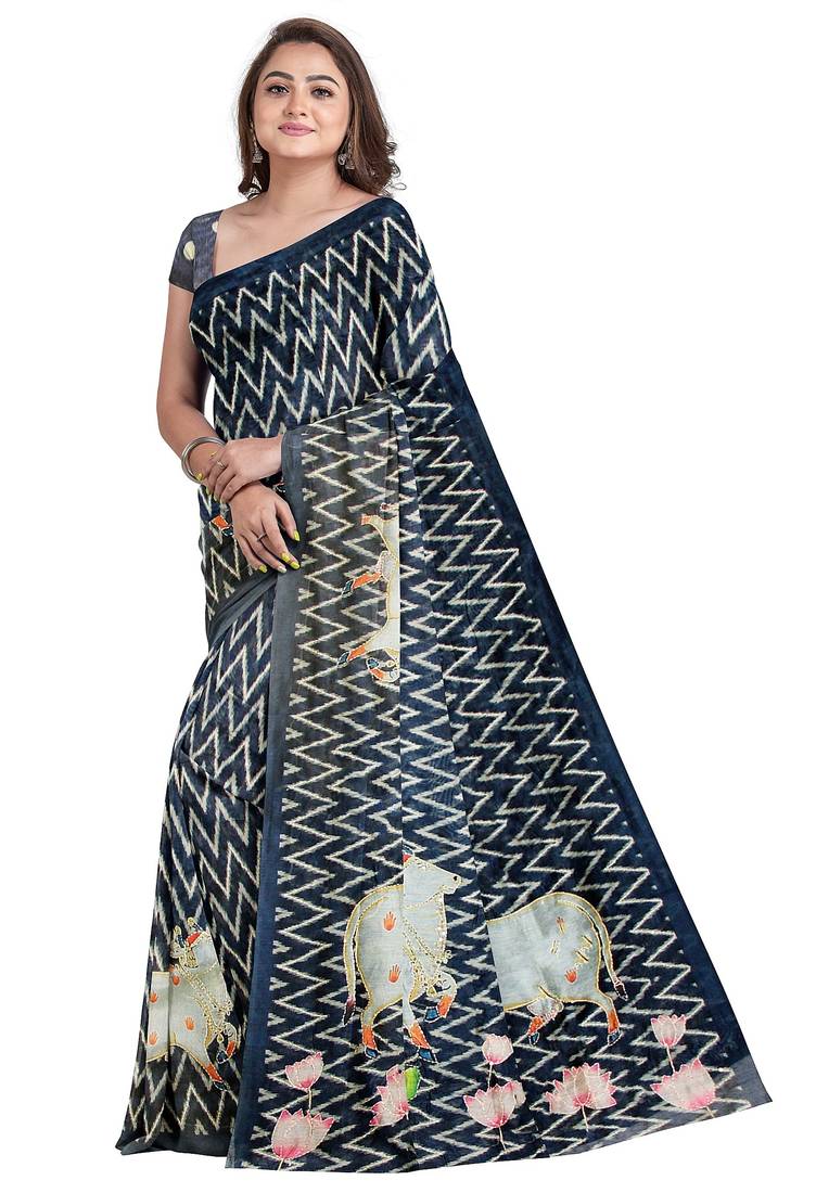 Navy blue batik print saree