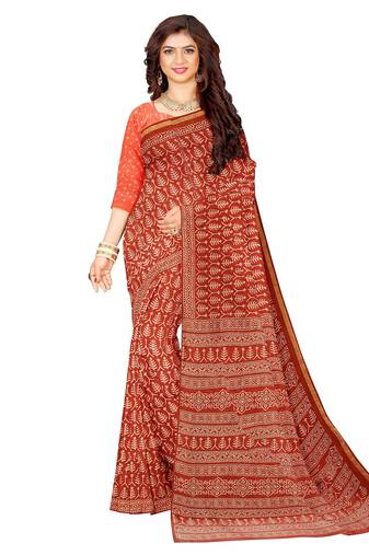 Rust red block print saree