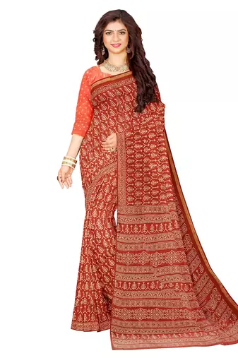 Rust red block print saree