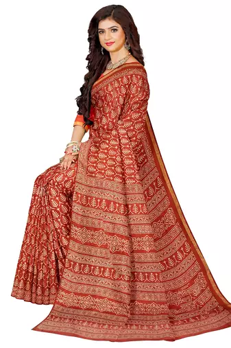 Rust red block print saree
