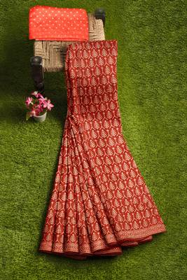 Rust red block print saree 3