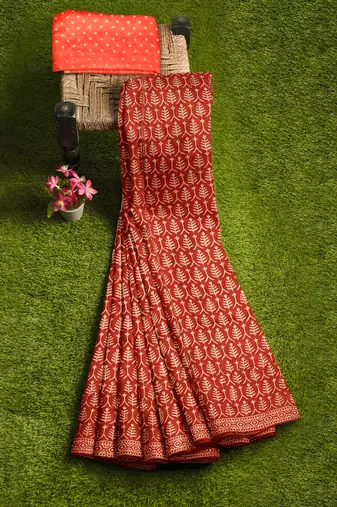 Rust red block print saree