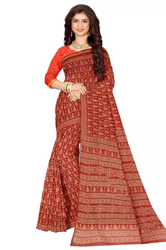 Rust red block print saree