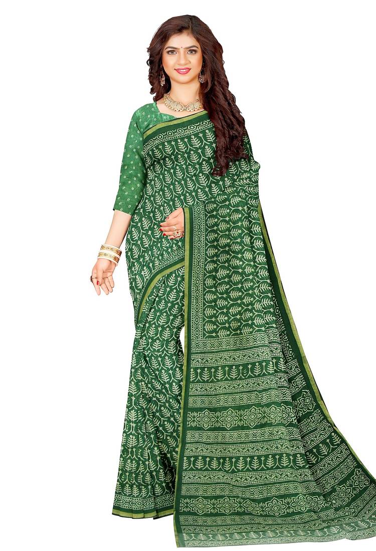 Green cotton printed saree with blouse