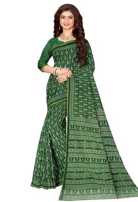 Green cotton printed saree with blouse 2