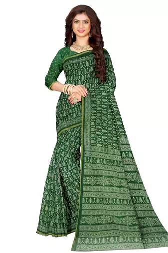 Green cotton printed saree with blouse