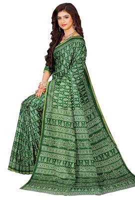 Green cotton printed saree with blouse 3